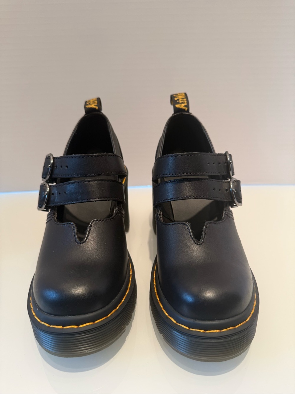 Dr. Martens Black Double-Strap Mary Jane Shoes with Yellow Stitching US 6